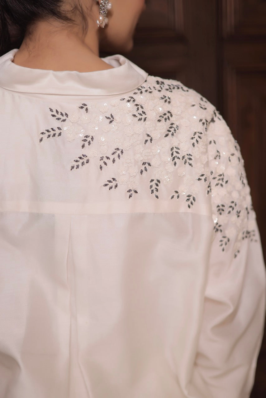 Chanderi Sequins Cutdana Cluster Flower Placement Embroidery Shirt