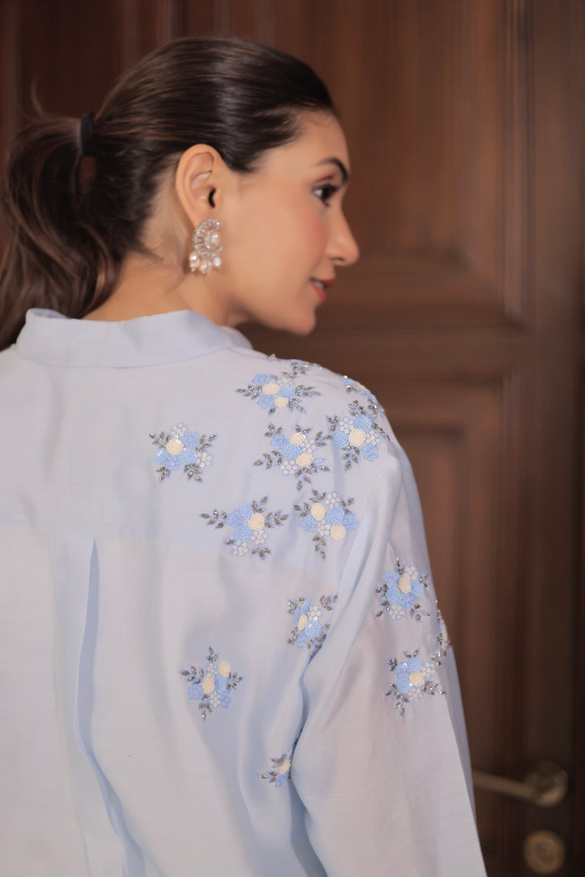 Chanderi Sequins Cutdana Cluster Flower Placement Embroidery Shirt