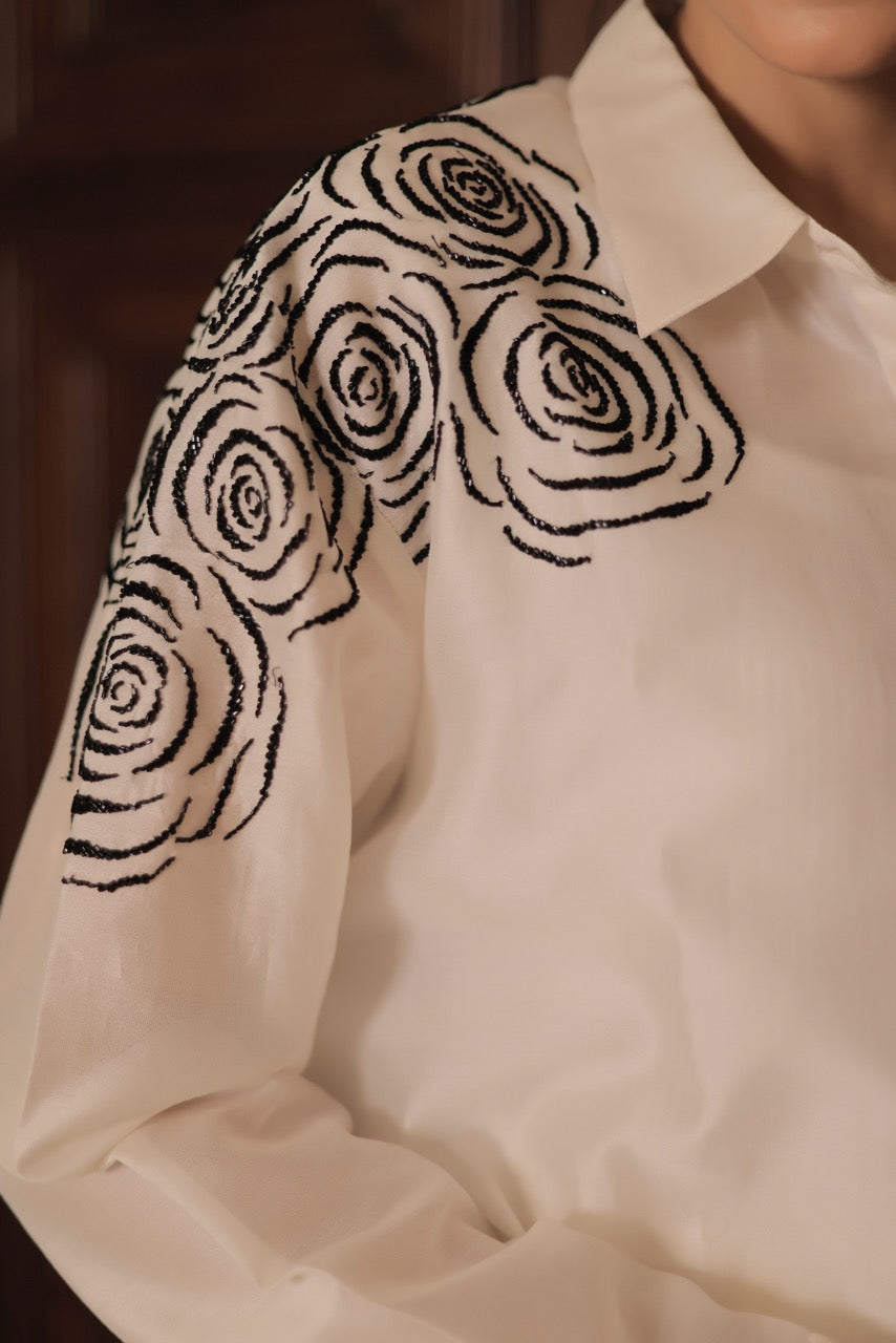Chanderi Cluster Rose Placement Embroidery Shirt