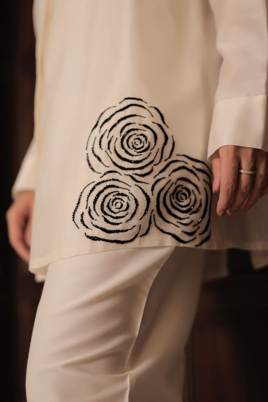 Chanderi Cluster Rose Placement Embroidery Shirt