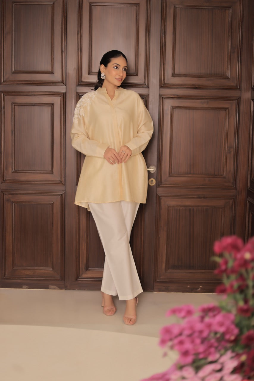 Chanderi Silk Rose Jaal Placement Embroidery Shirt