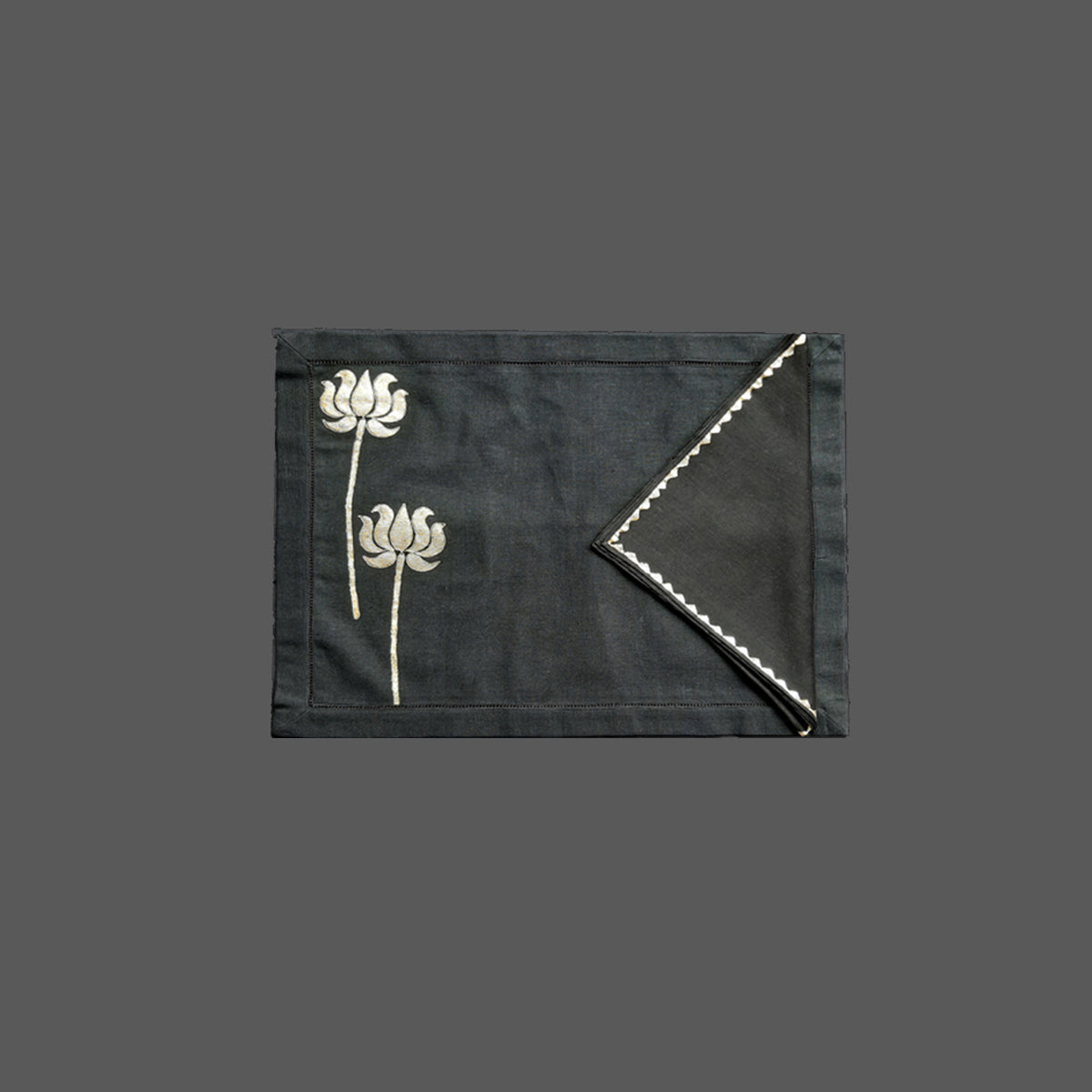 Black Khadi Fabric With Metallic Lotus Print, Dori Embroidery Table Mat and Lace Trim - Versatile and Elegant