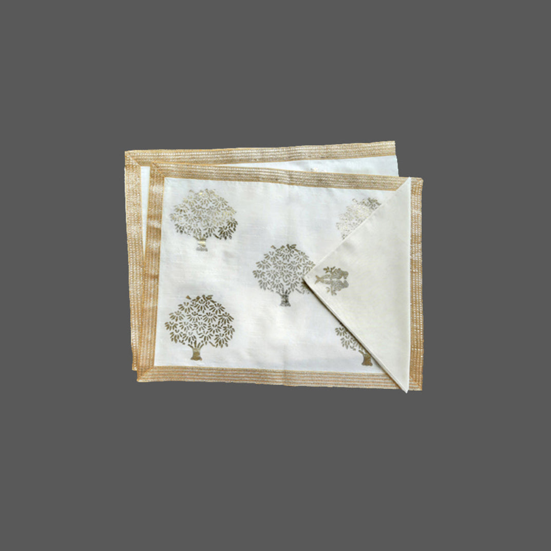 Cream Khadi Fabric with Silver and Gold Mango Tree Print Table Mat and Lace Trim - Prefect for Table Mats