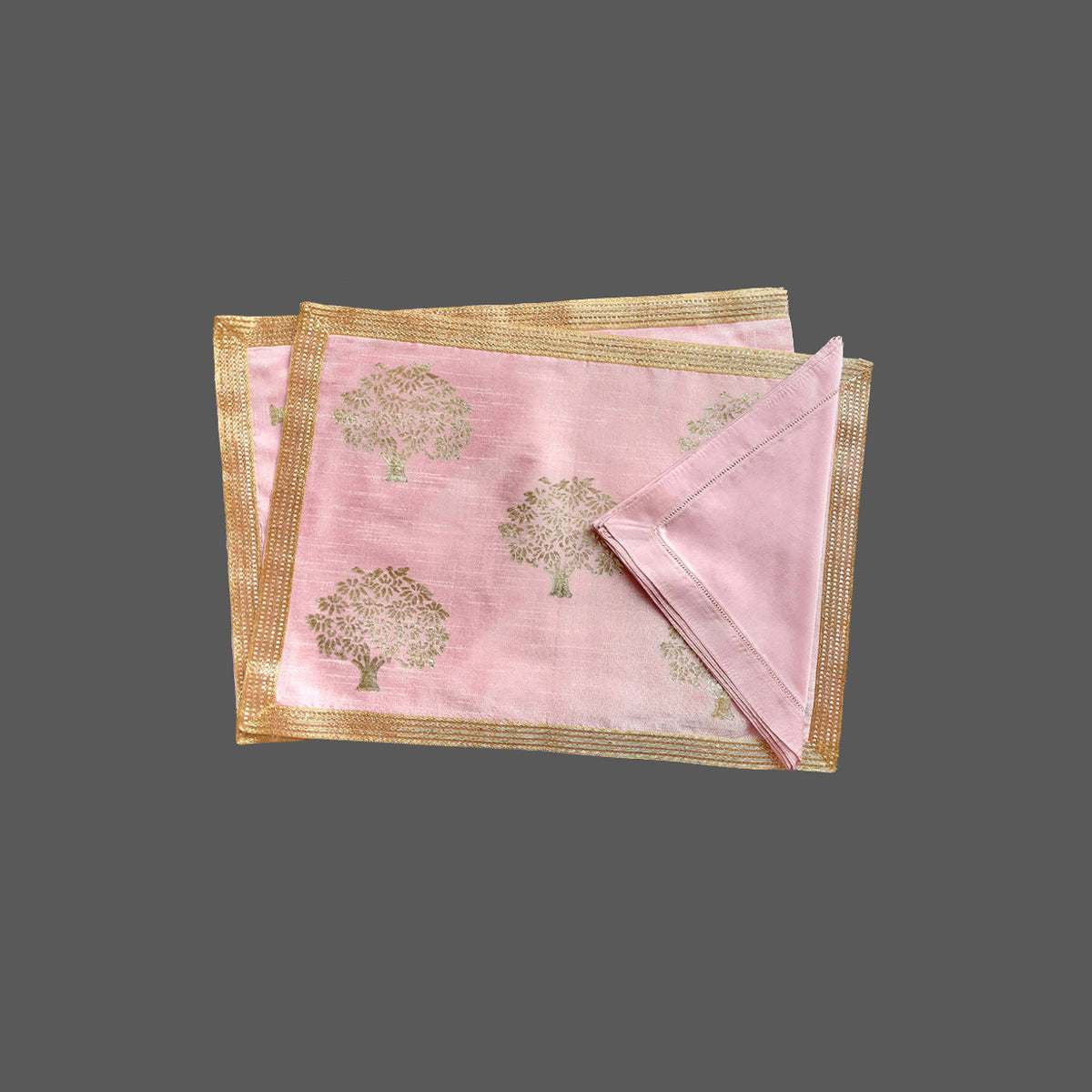 Pink Khadi Fabric with Silver and Gold Mango Tree Print Table Mat and Lace Trim - Prefect for Table Mats