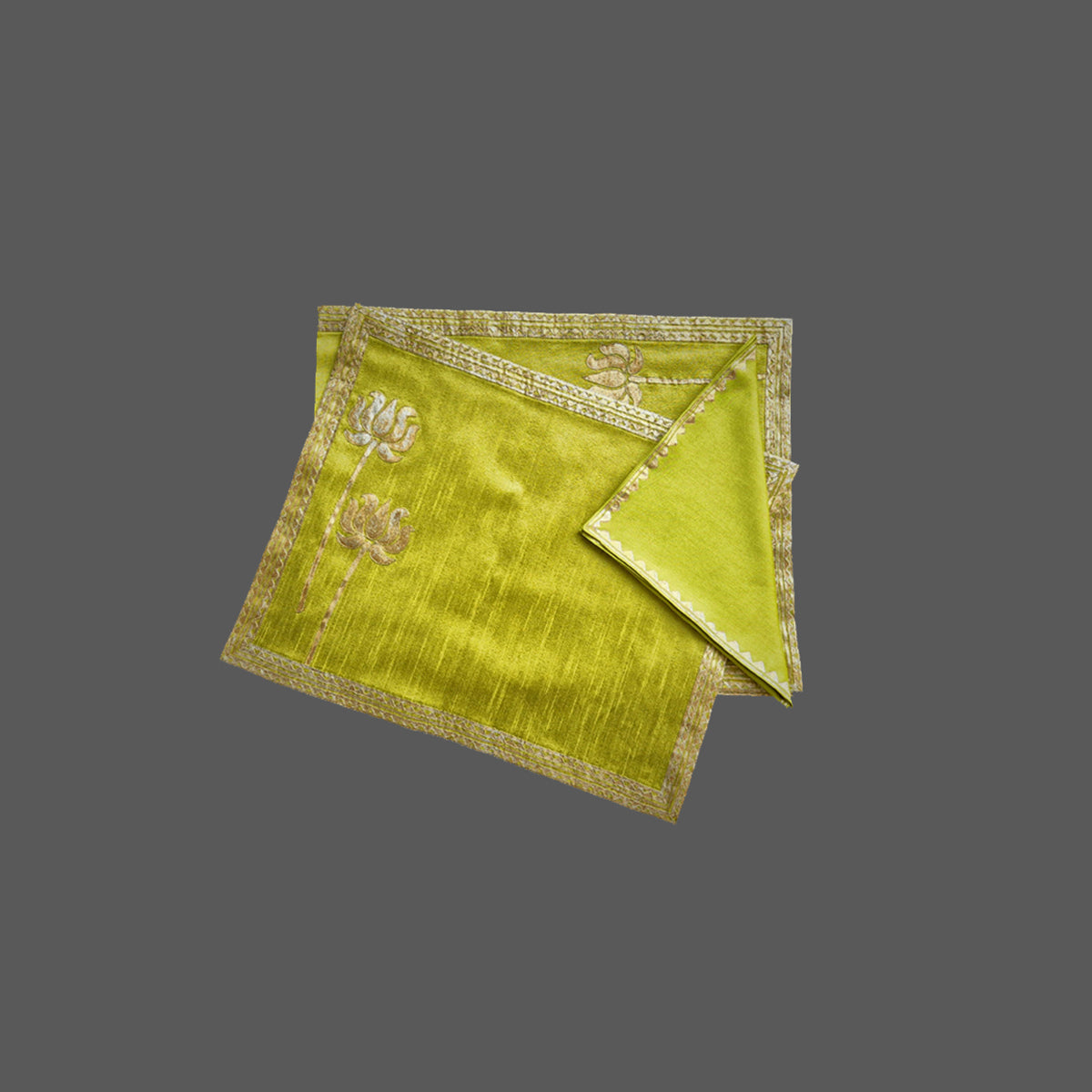 Green Khadi Fabric With Metallic Lotus Print, Dori Embroidery Table Mat and Lace Trim - Versatile and Elegant