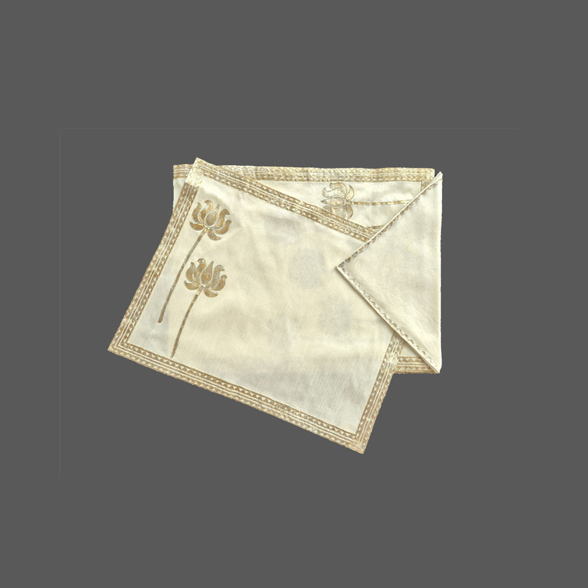 Beige Khadi Fabric With Metallic Lotus Print, Dori Embroidery Table Mat and Lace Trim - Versatile and Elegant