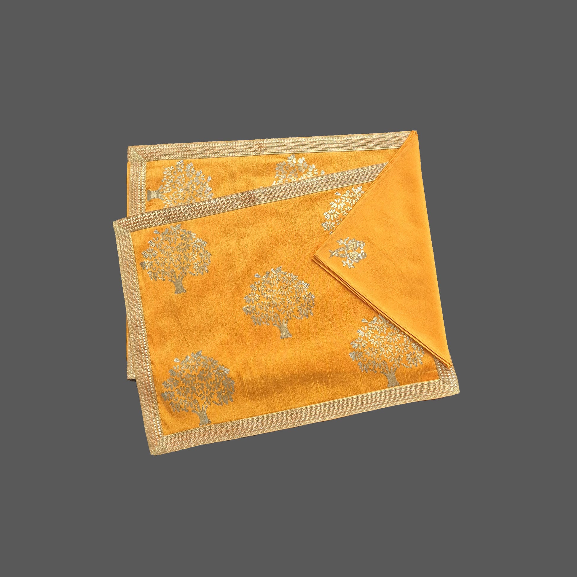 Dupion Silk Double Foil Mango Tree Print Mat Set -Yellow (8 Mat, 8 Napkin, 1 Runner)