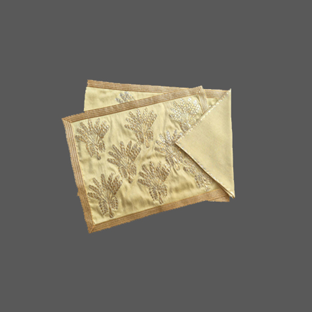 Dupion Silk Double Foil Banana Tree Dori Embroidery Beige Mat Set