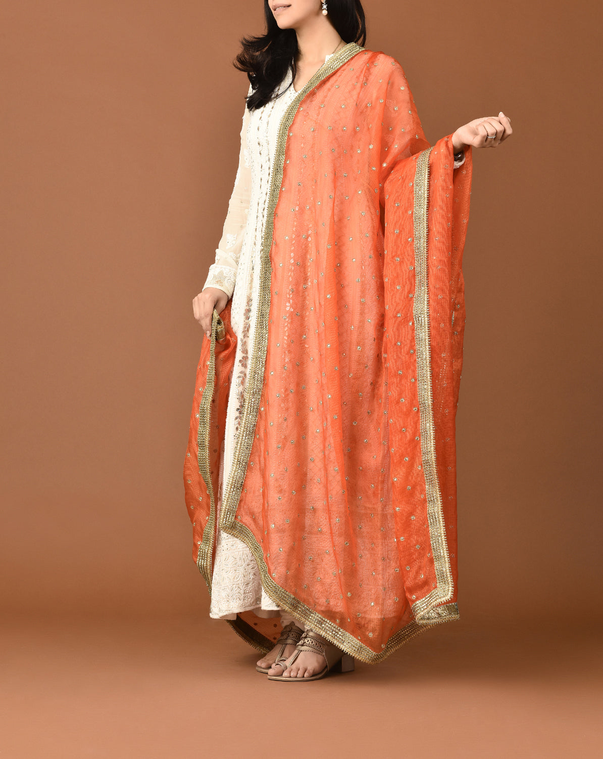 Kota Silk French Cut Buti Embroidery With lace Finishing Orange Dupatta