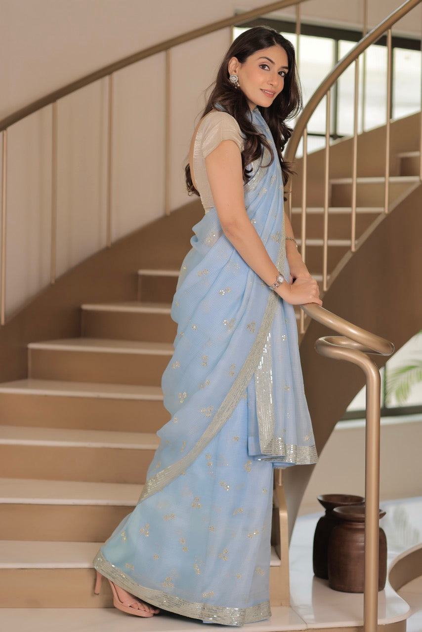 Kota Silk Zari Sequins Line Border With Cluster Flower Buti Embroidery Saree
