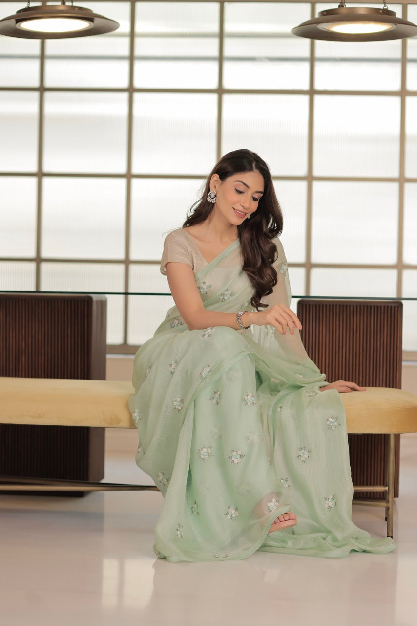 Kota Silk Sequins Cutdana Cluster Flower Buti Embroidery Saree - Mint Green