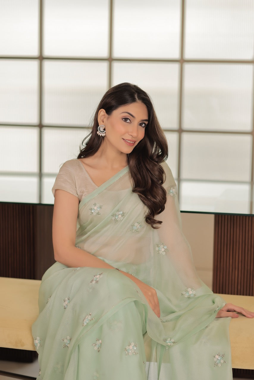 Kota Silk Sequins Cutdana Cluster Flower Buti Embroidery Saree - Mint Green