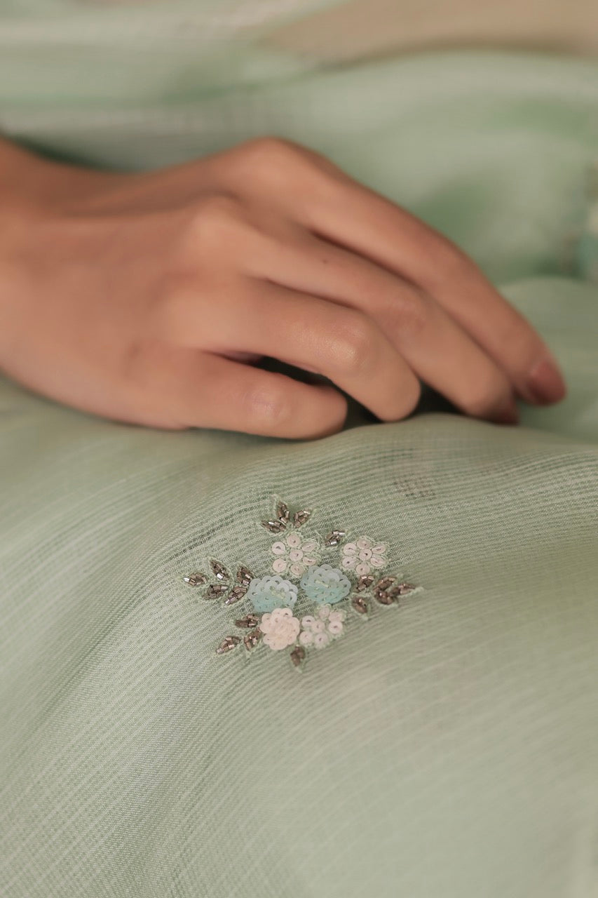 Kota Silk Sequins Cutdana Cluster Flower Buti Embroidery Saree - Mint Green