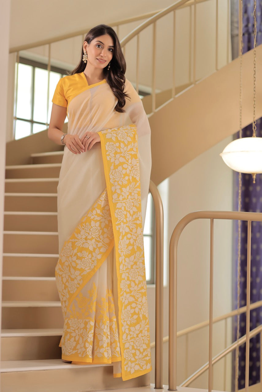 Kota Cotton Skirt Border Print With Rose Jaal Applique Organza Embroidery Saree