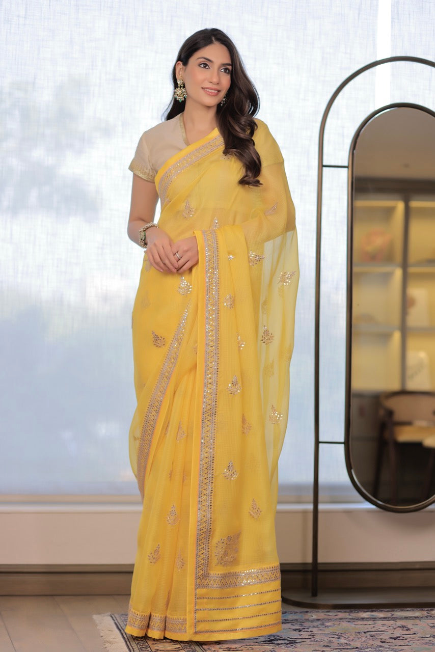 Kota Silk Gota Patti Flower Buti Embroidery Saree