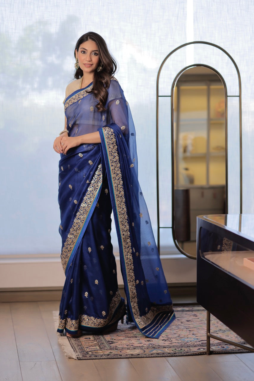 Kota Silk Gota Patti Flower Border With Meena Buti Embroidery Saree