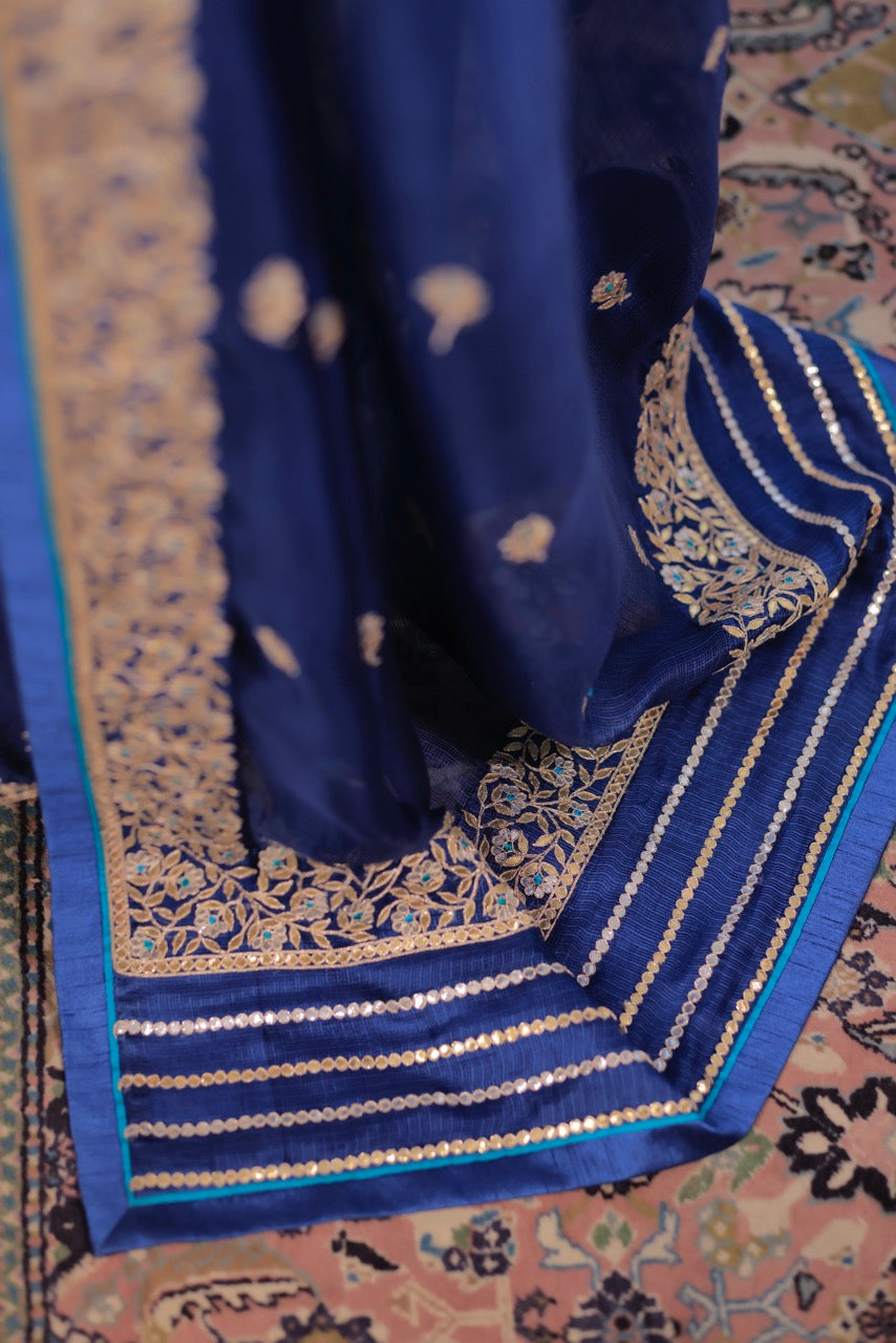 Kota Silk Gota Patti Meena Border with Buti Embroidery Saree - Indigo
