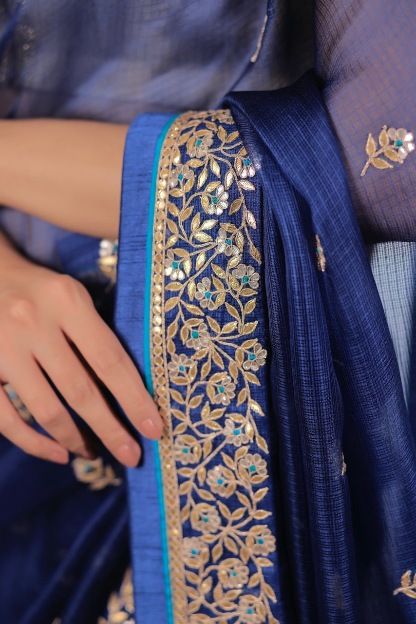 Kota Silk Gota Patti Meena Border with Buti Embroidery Saree - Indigo