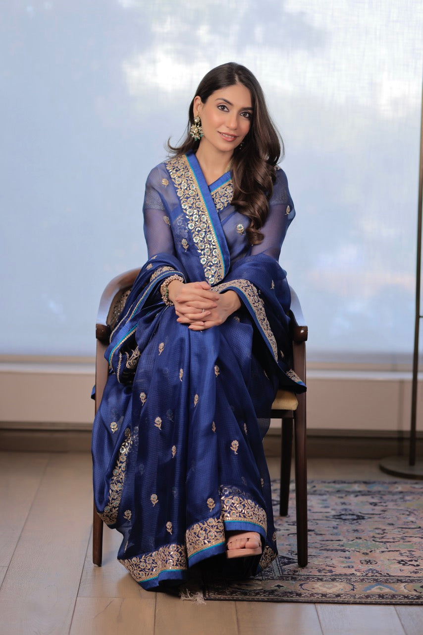 Kota Silk Gota Patti Meena Border with Buti Embroidery Saree - Indigo
