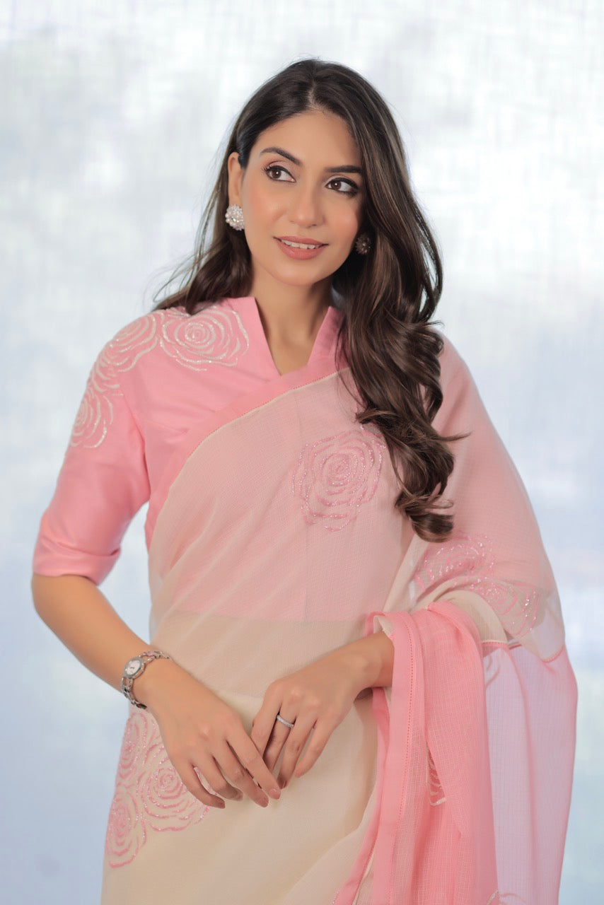 Kota Cotton Half And Half Off White With Pink Palla Cutdana Cluster Roses Embroidery Saree With Cutdana Cluster Roses Placement Embroidery Blouse