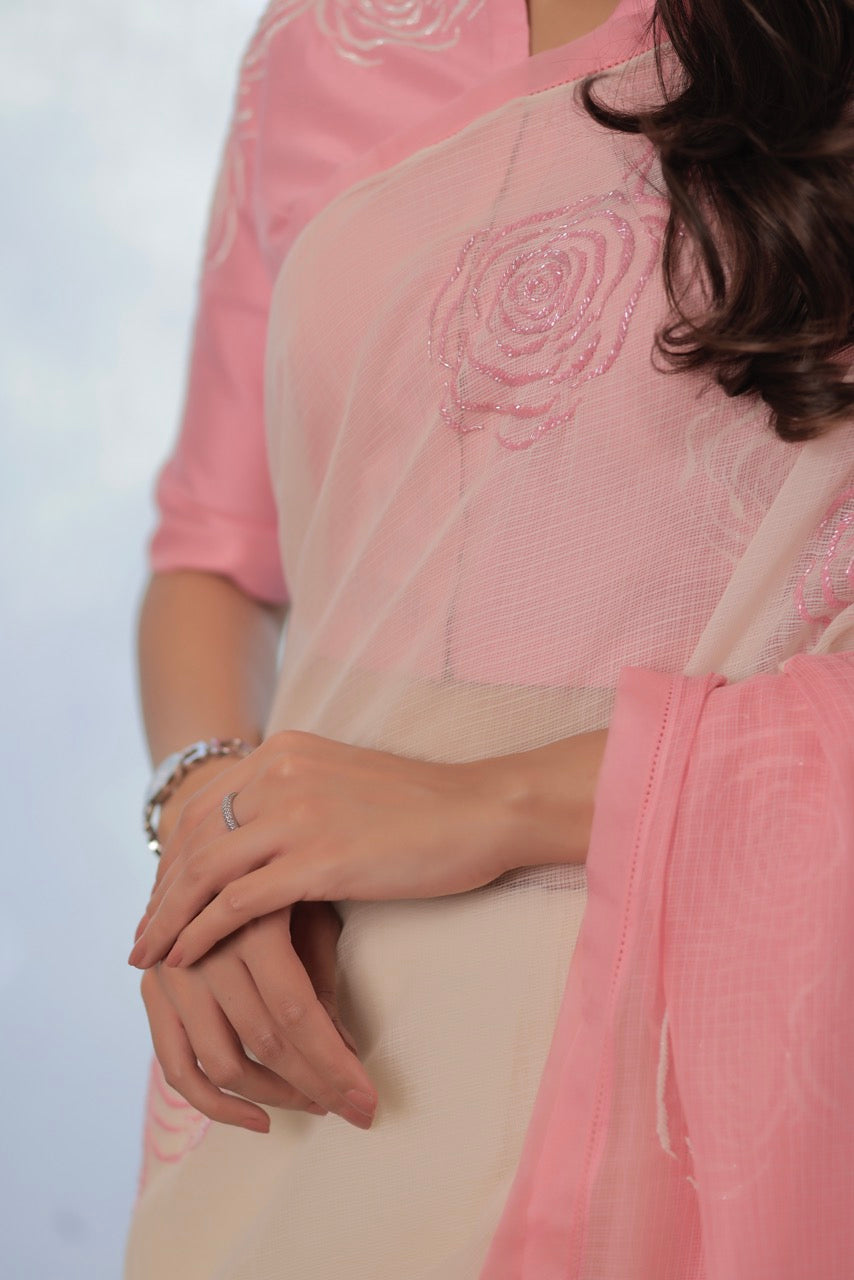 Kota Cotton Half And Half Off White With Pink Palla Cutdana Cluster Roses Embroidery Saree - Light Pink