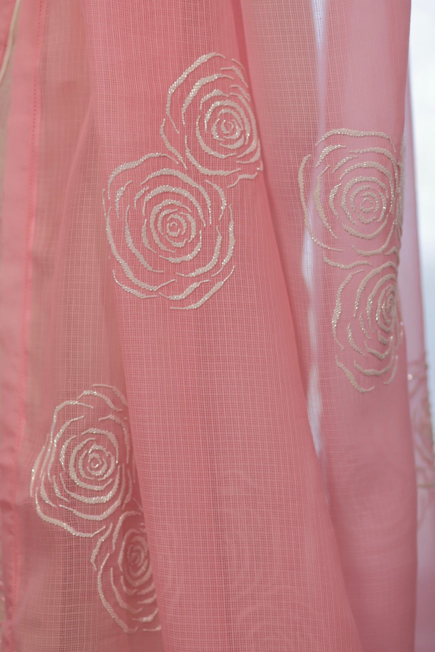 Kota Cotton Half And Half Off White With Pink Palla Cutdana Cluster Roses Embroidery Saree - Light Pink