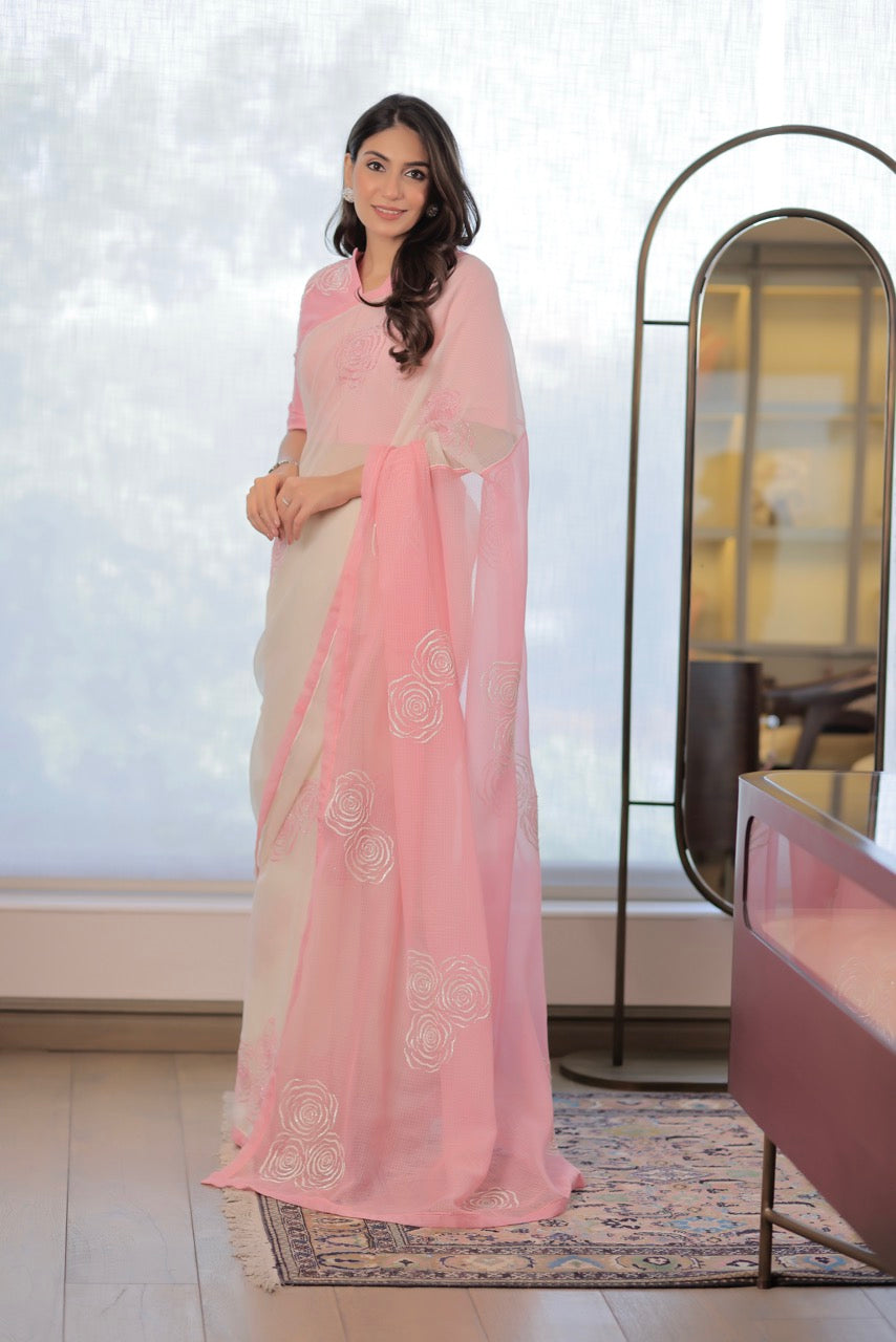 Kota Cotton Half And Half Off White With Pink Palla Cutdana Cluster Roses Embroidery Saree - Light Pink