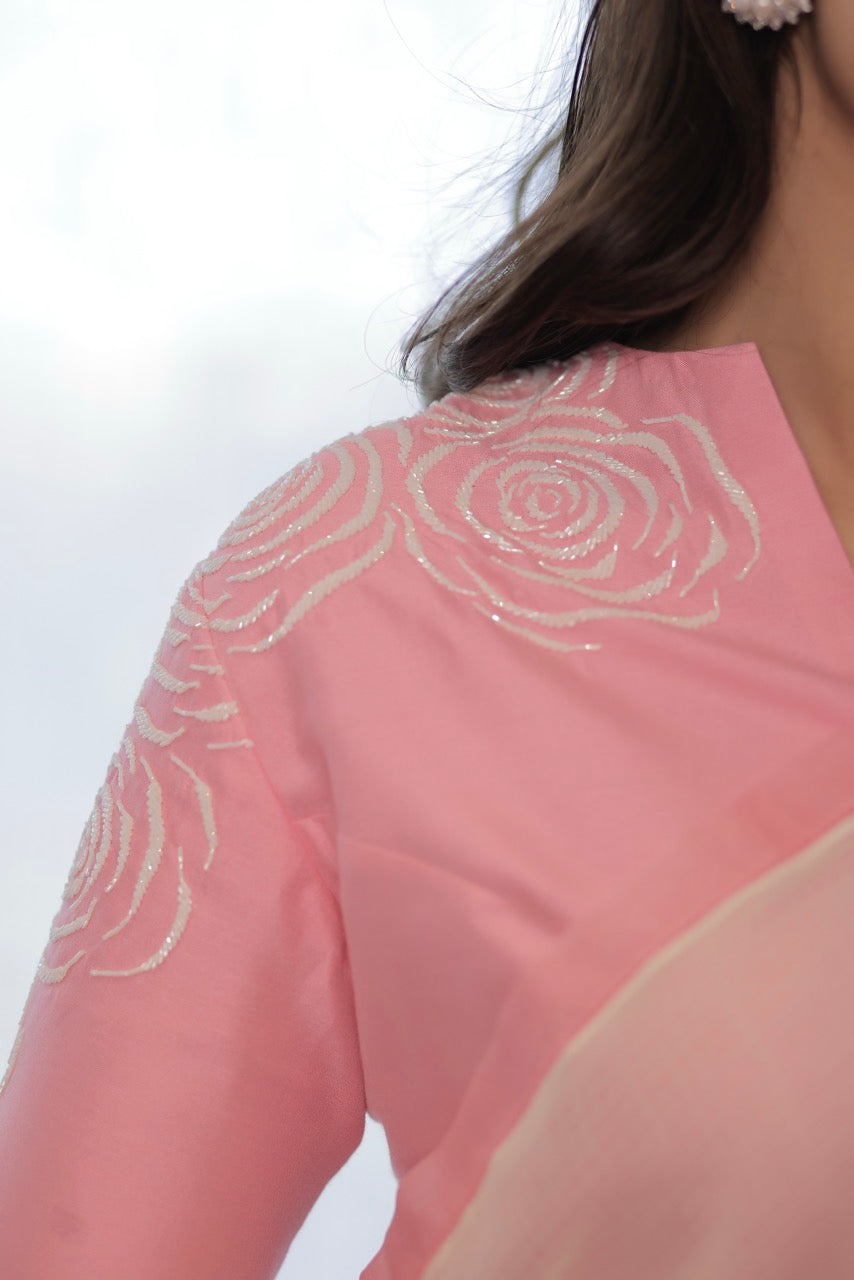 Kota Cotton Half And Half Off White With Pink Palla Cutdana Cluster Roses Embroidery Saree - Light Pink