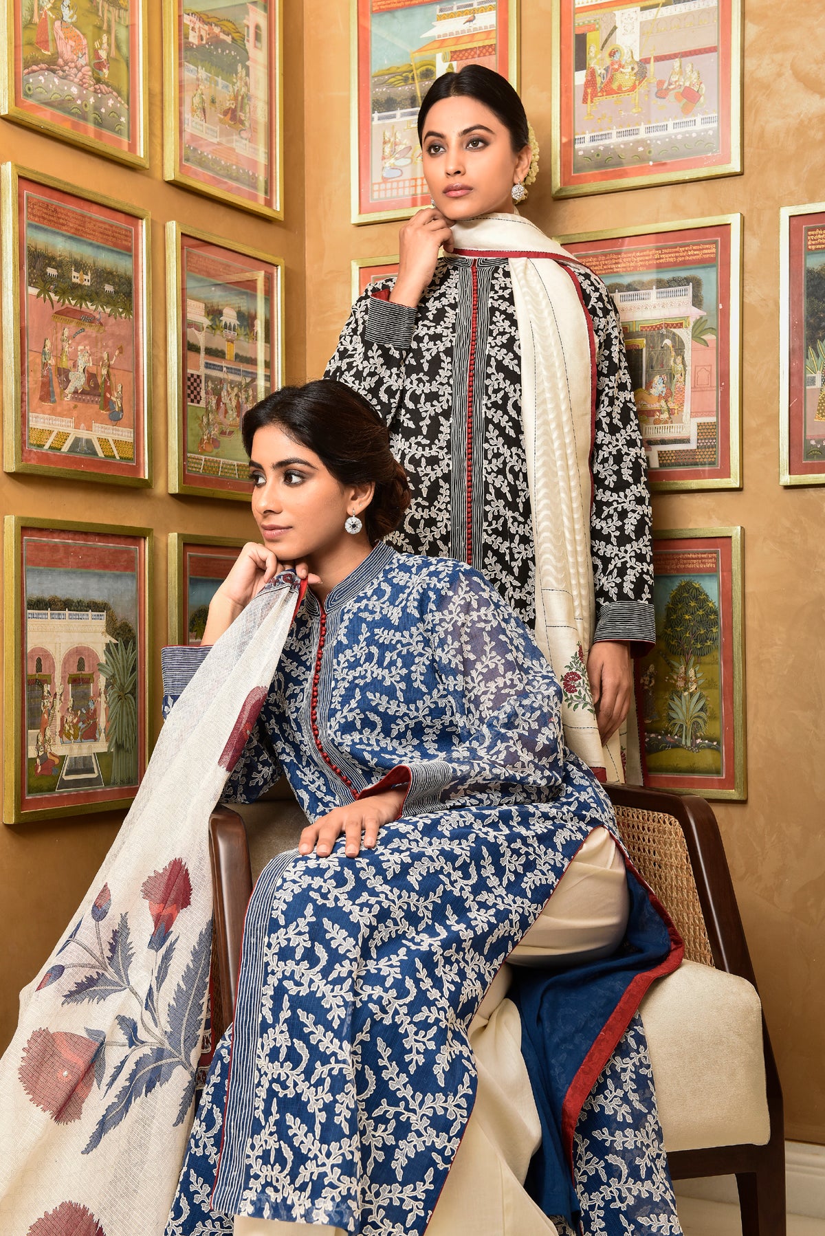 Banarasi Kota Gadh Print Leaf Jaal With Dori Embroidery With Palazzo & Dupatta Outfit - Indigo