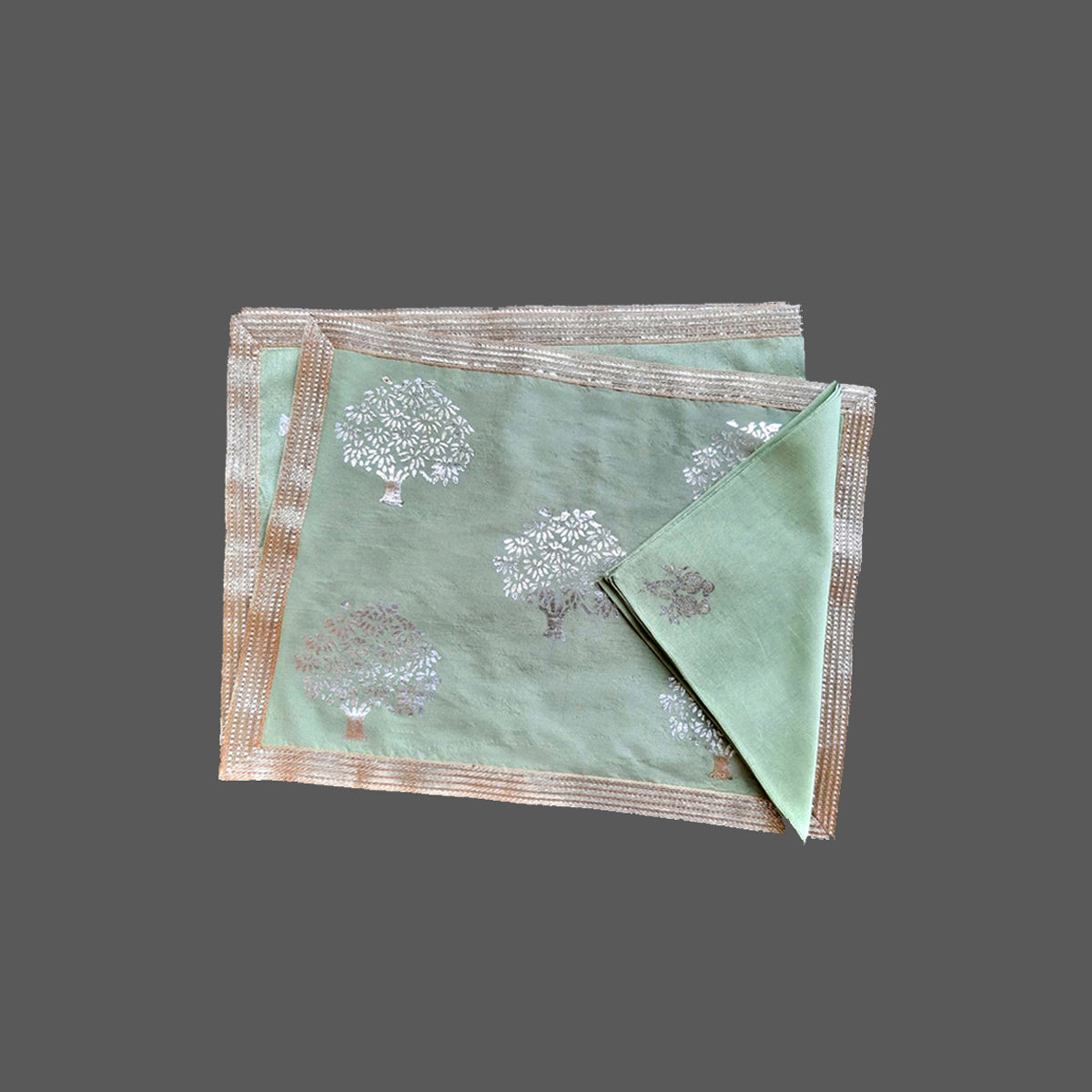 Green Khadi Fabric with Silver and Gold Mango Tree Print Table Mat and Lace Trim - Prefect for Table Mats