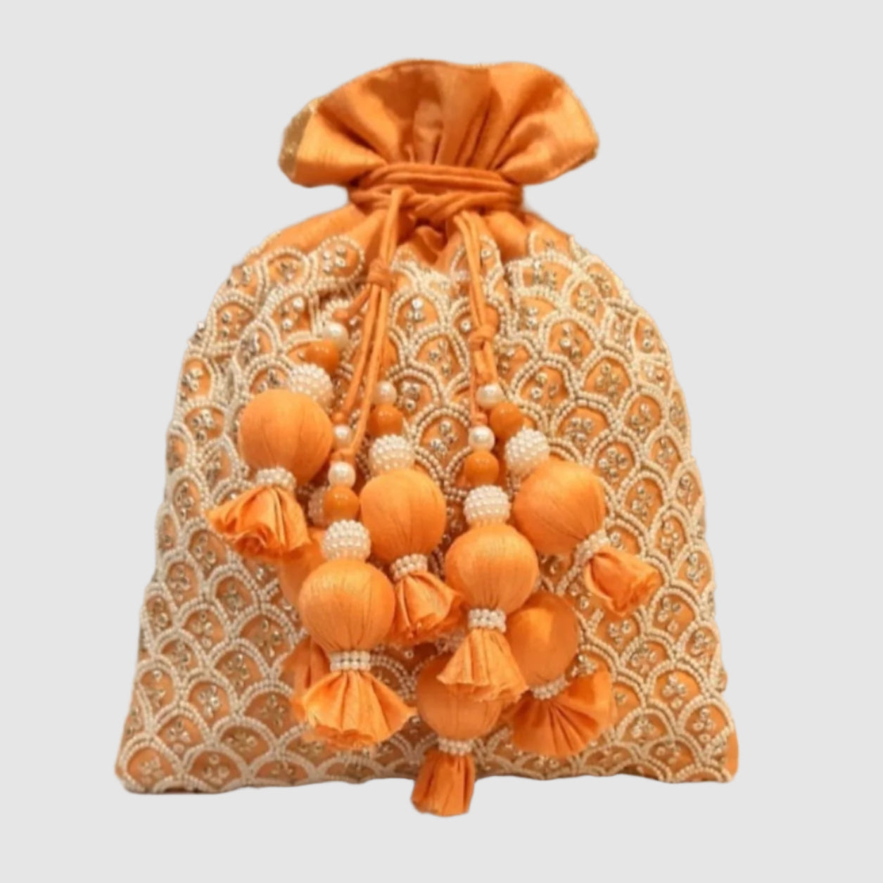 Dupion Silk Pearl Pankha Jaal Embroidery Potli - Orange