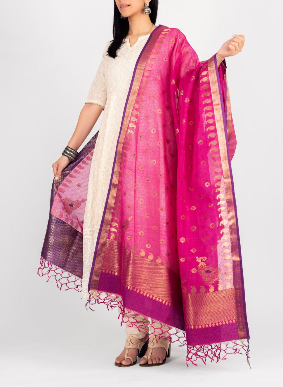 Kota Cotton Keri Buti Rani Pink Dupatta with Purple Highlighting