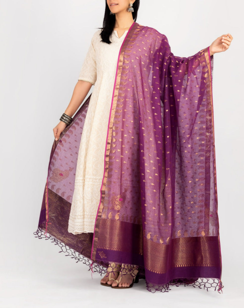 Kota Cotton Tika Buti Purple Dupatta With Highlighting