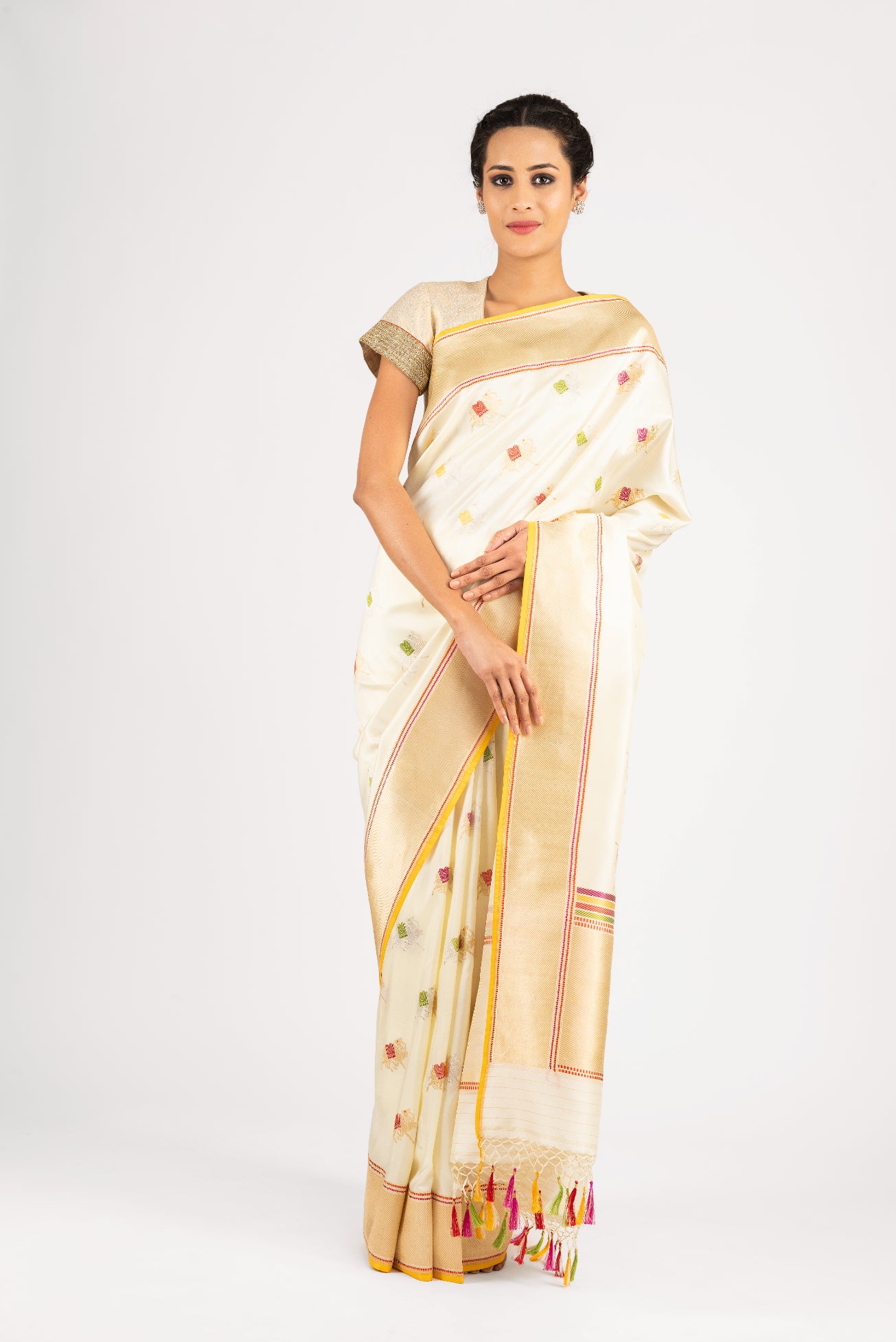 Banarasi Silk Pushkar Silver / Gold Design Ivory Saree