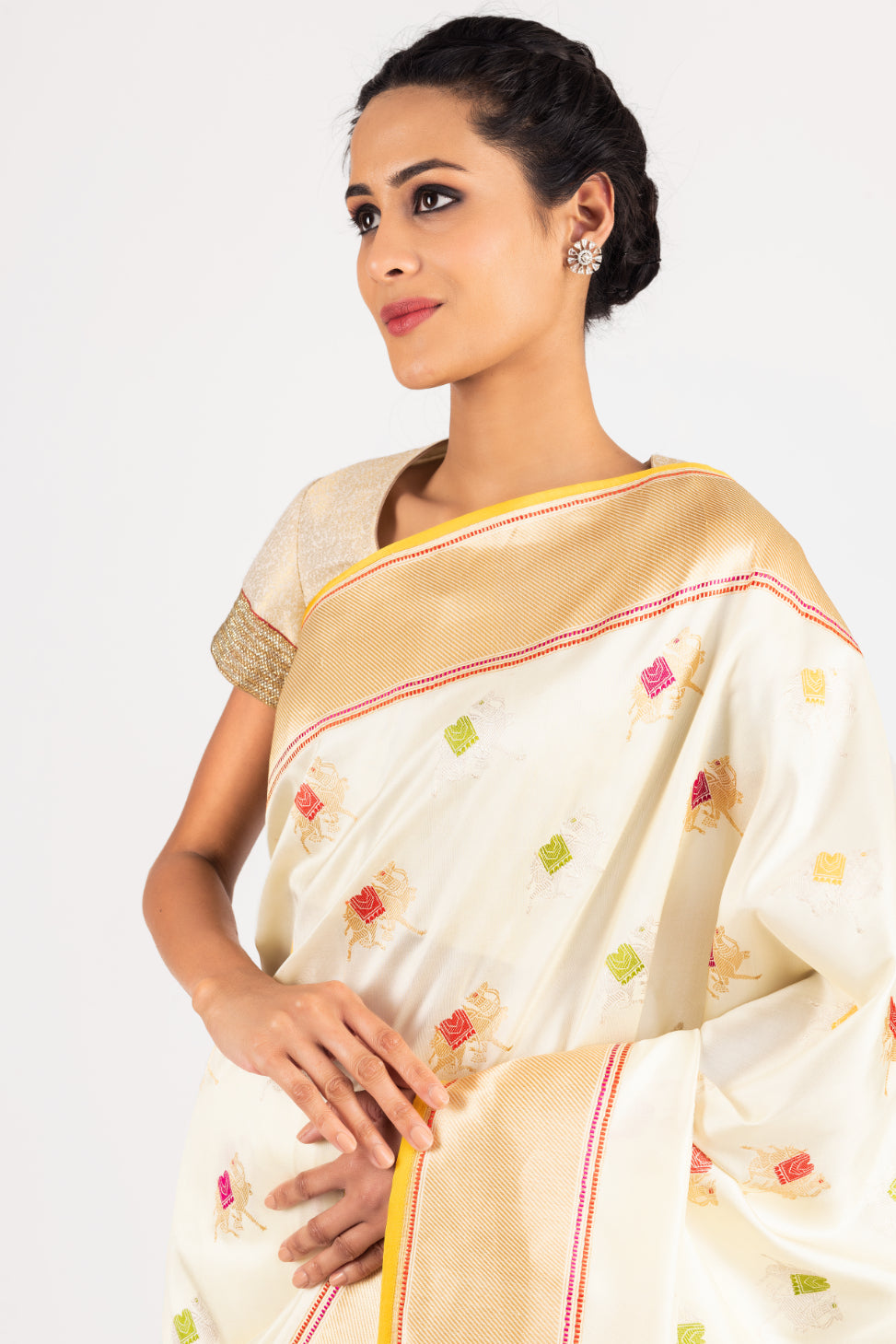 Banarasi Silk Pushkar Silver / Gold Design Ivory Saree