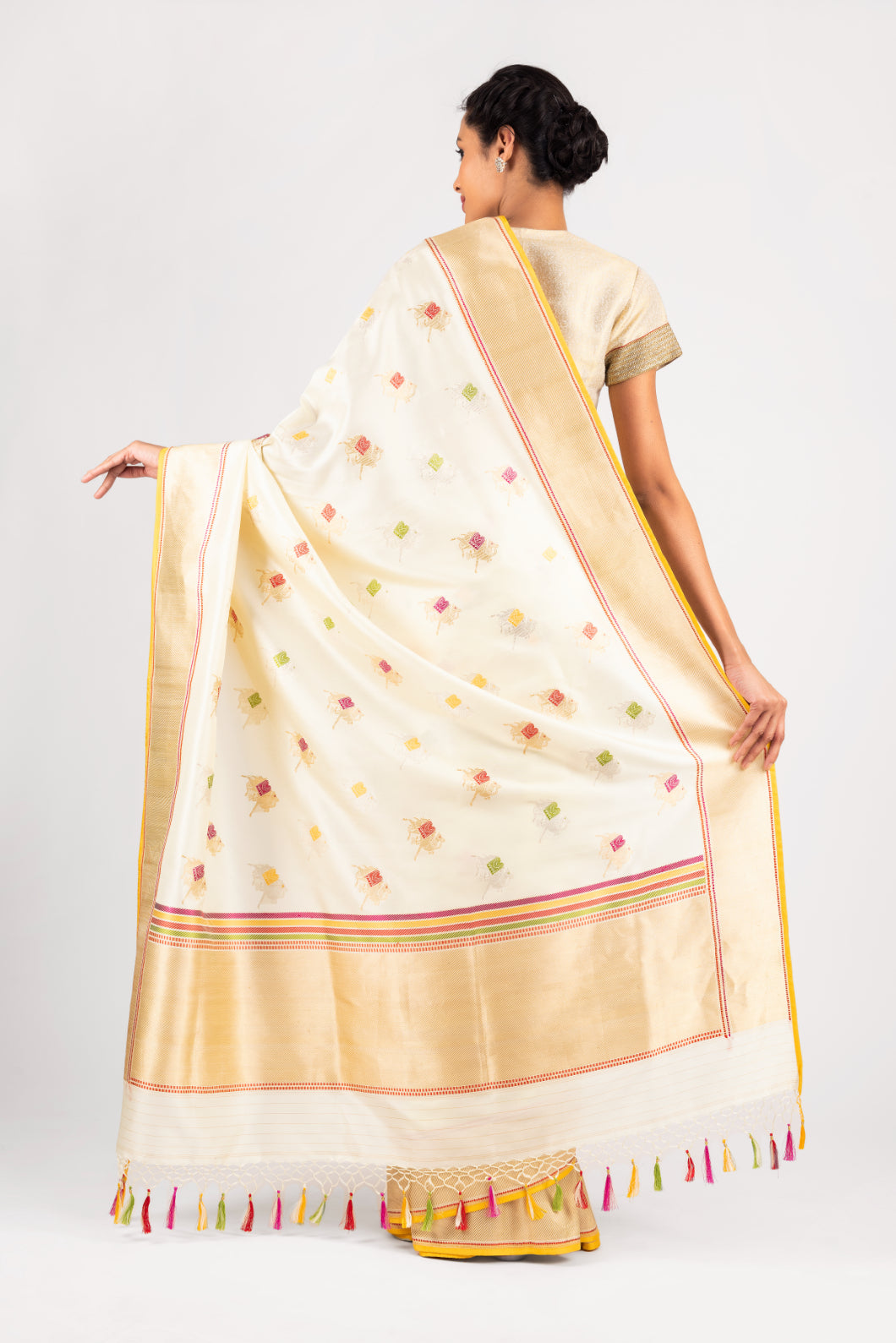 Banarasi Silk Pushkar Silver / Gold Design Ivory Saree