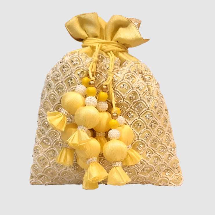 Dupion Silk Pearl Pankha Jaal Embroidery Potli - Yellow