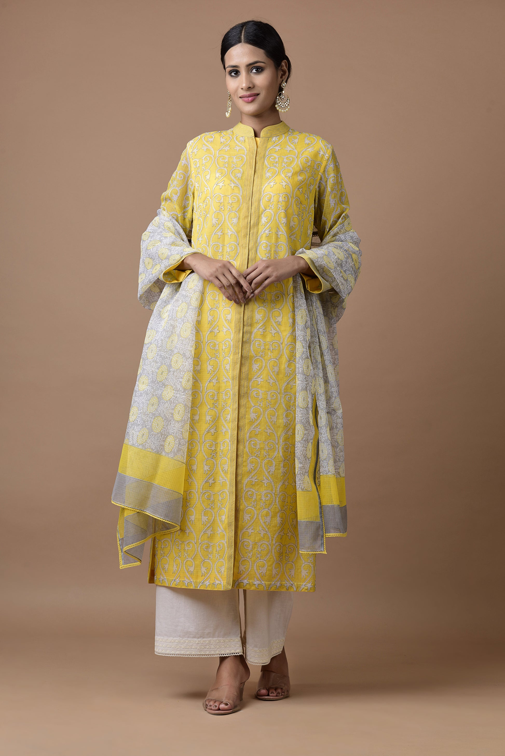 Banarasi Kota Yellow Tunic Gadh Print With Dori Highlighting, Printed Dupatta And Palazzo