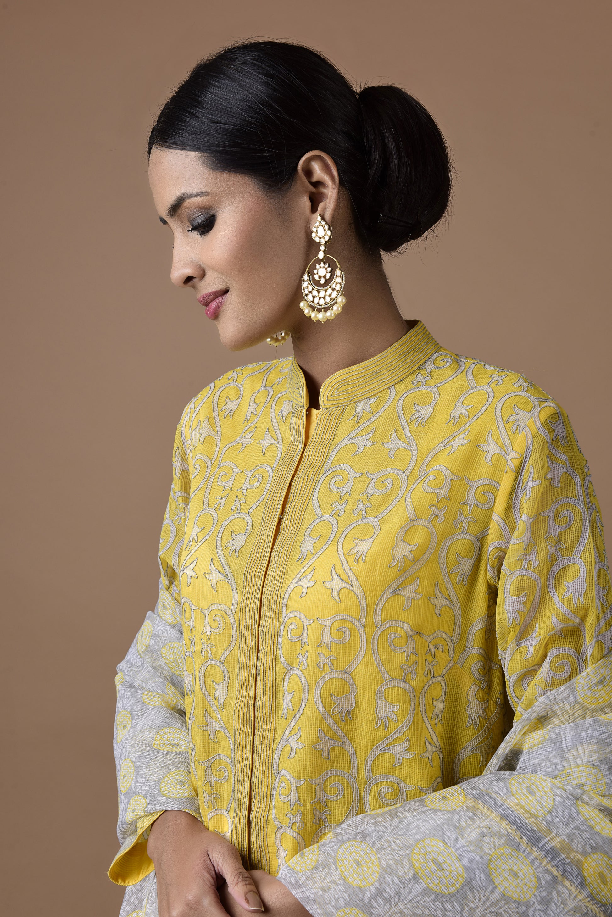 Banarasi Kota Yellow Tunic Gadh Print With Dori Highlighting, Printed Dupatta And Palazzo