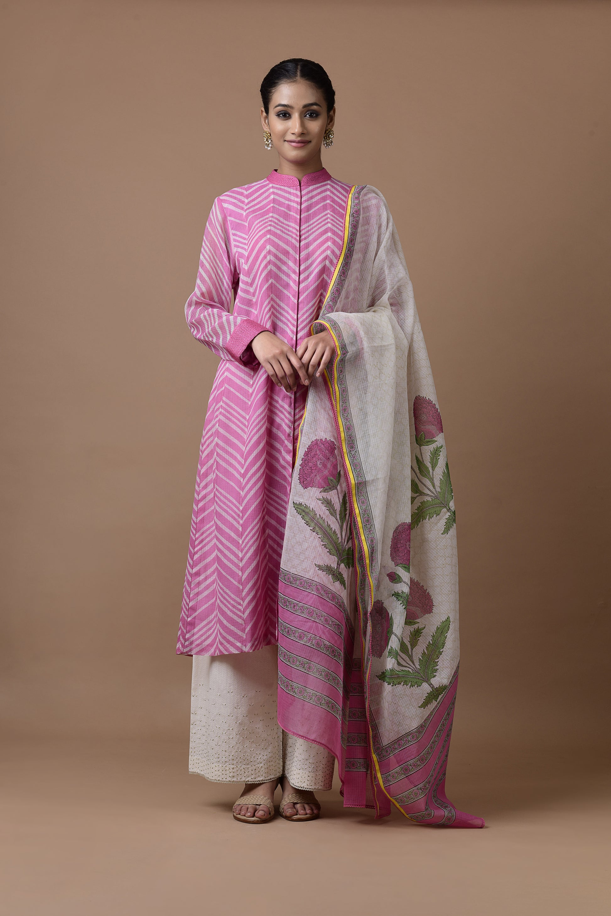 Banarasi Kota Tunic Pink Diagonal Stripe Print With Printed Banarasi Kota Dupatta And Embroidered Palazzo