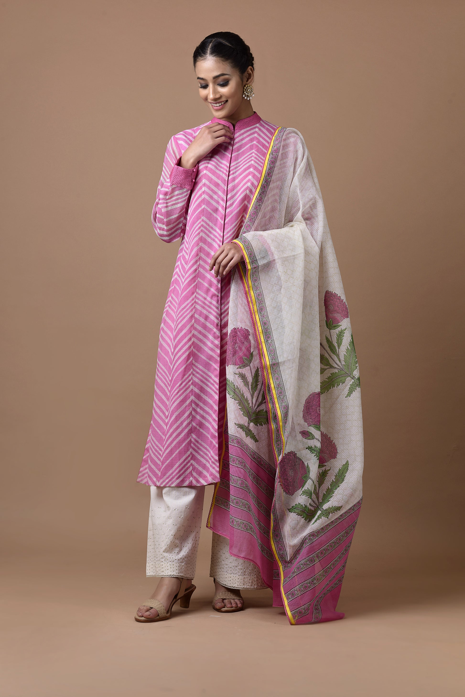 Banarasi Kota Tunic Pink Diagonal Stripe Print With Printed Banarasi Kota Dupatta And Embroidered Palazzo
