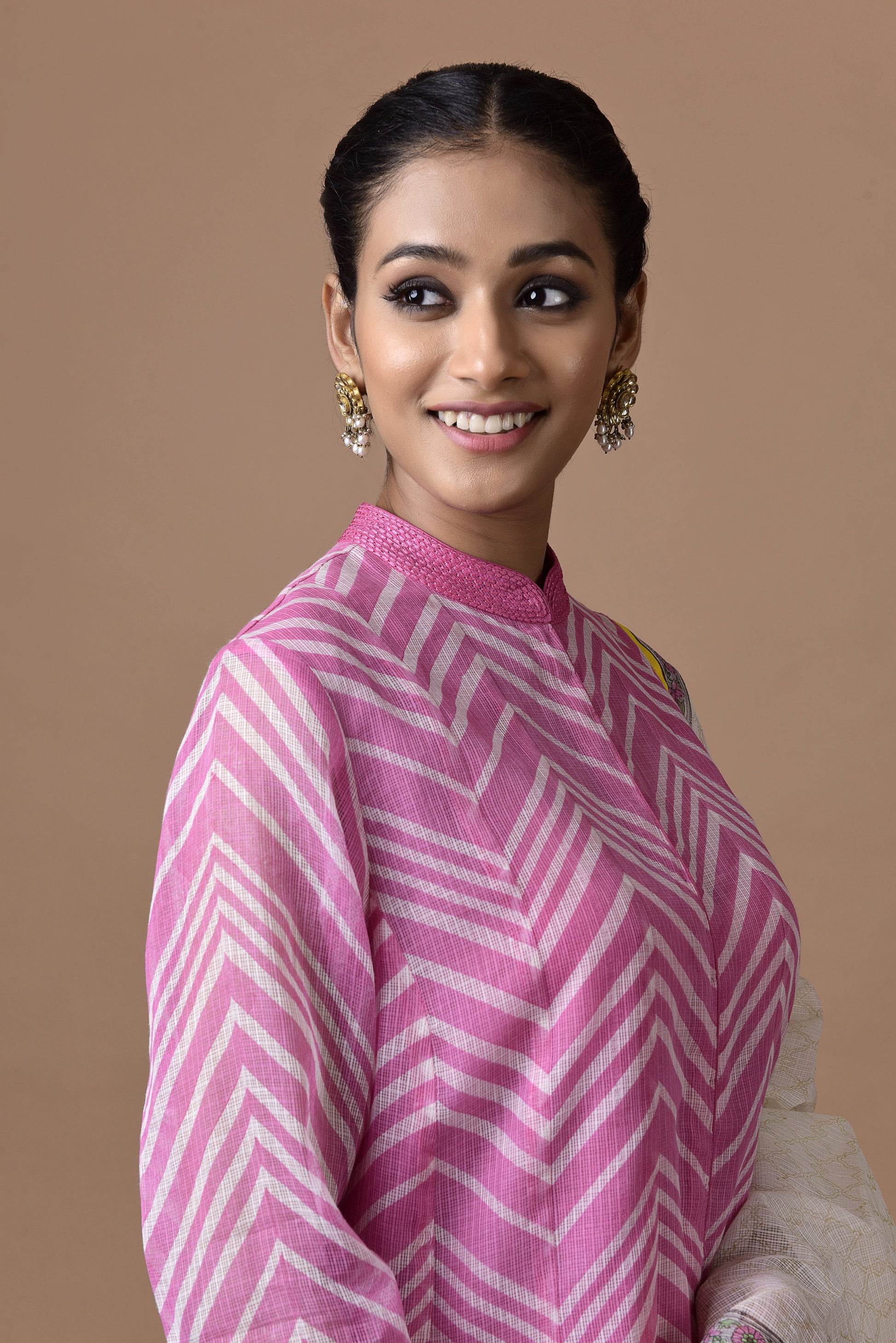 Banarasi Kota Tunic Pink Diagonal Stripe Print With Printed Banarasi Kota Dupatta And Embroidered Palazzo