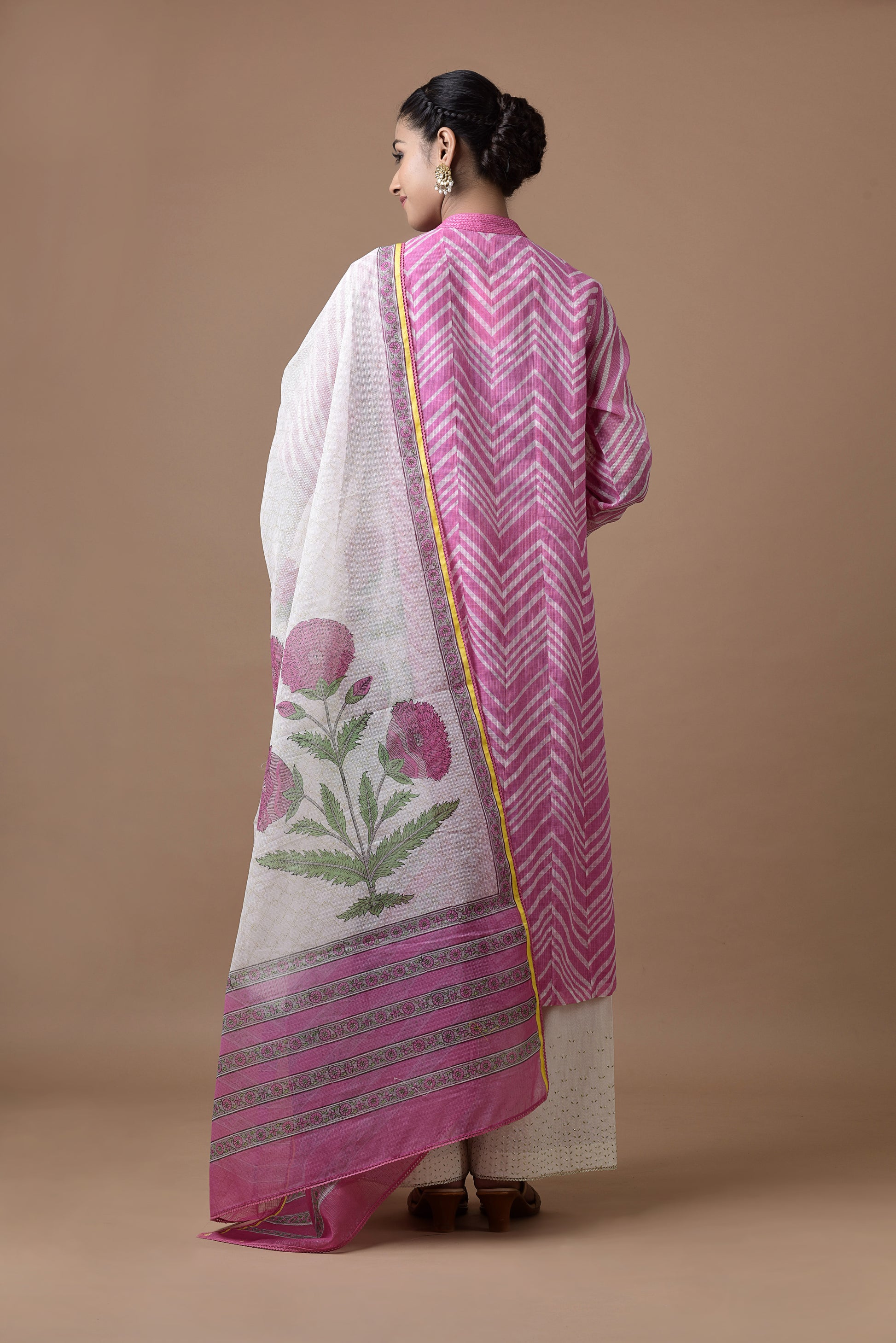 Banarasi Kota Tunic Pink Diagonal Stripe Print With Printed Banarasi Kota Dupatta And Embroidered Palazzo