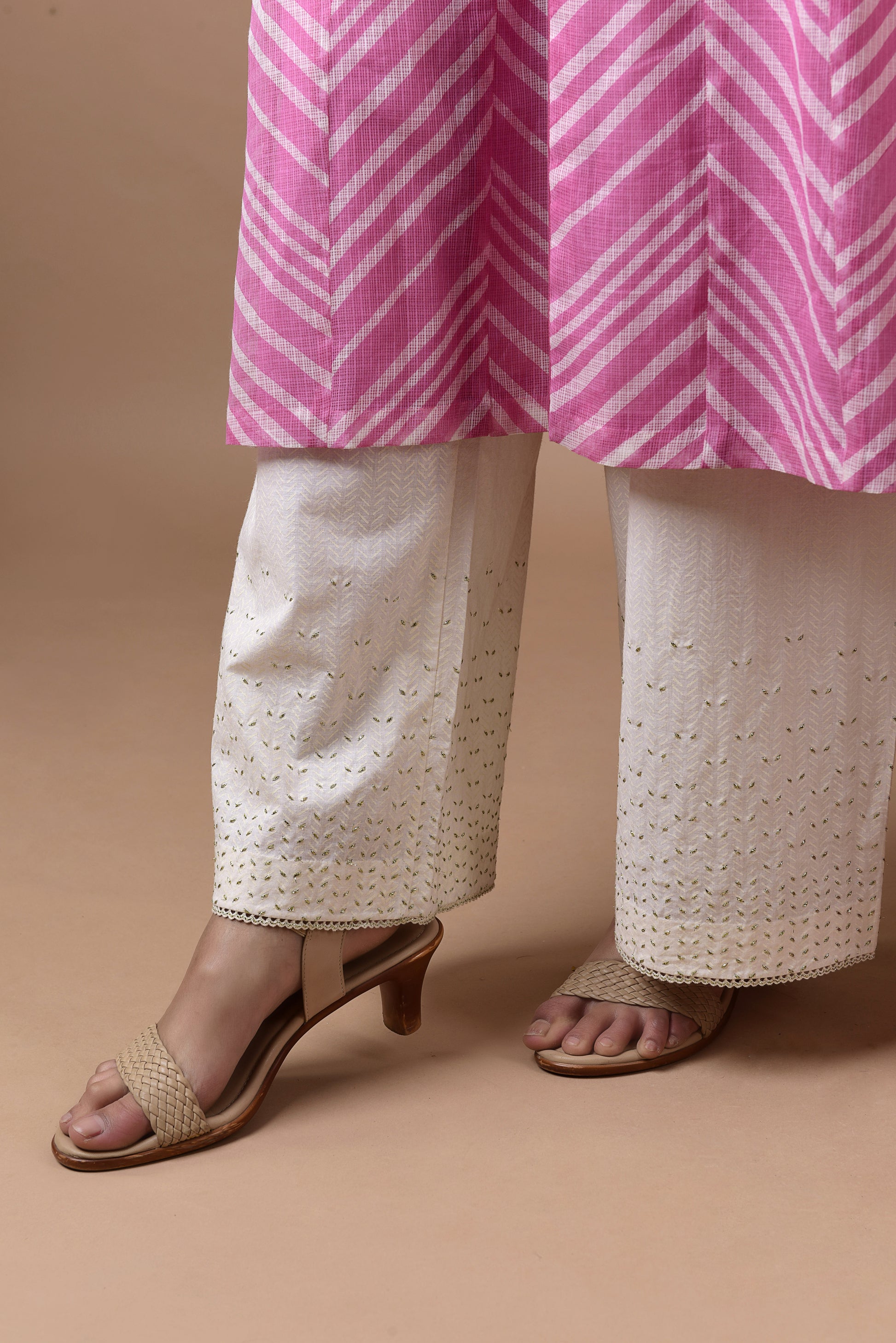 Banarasi Kota Tunic Pink Diagonal Stripe Print With Printed Banarasi Kota Dupatta And Embroidered Palazzo