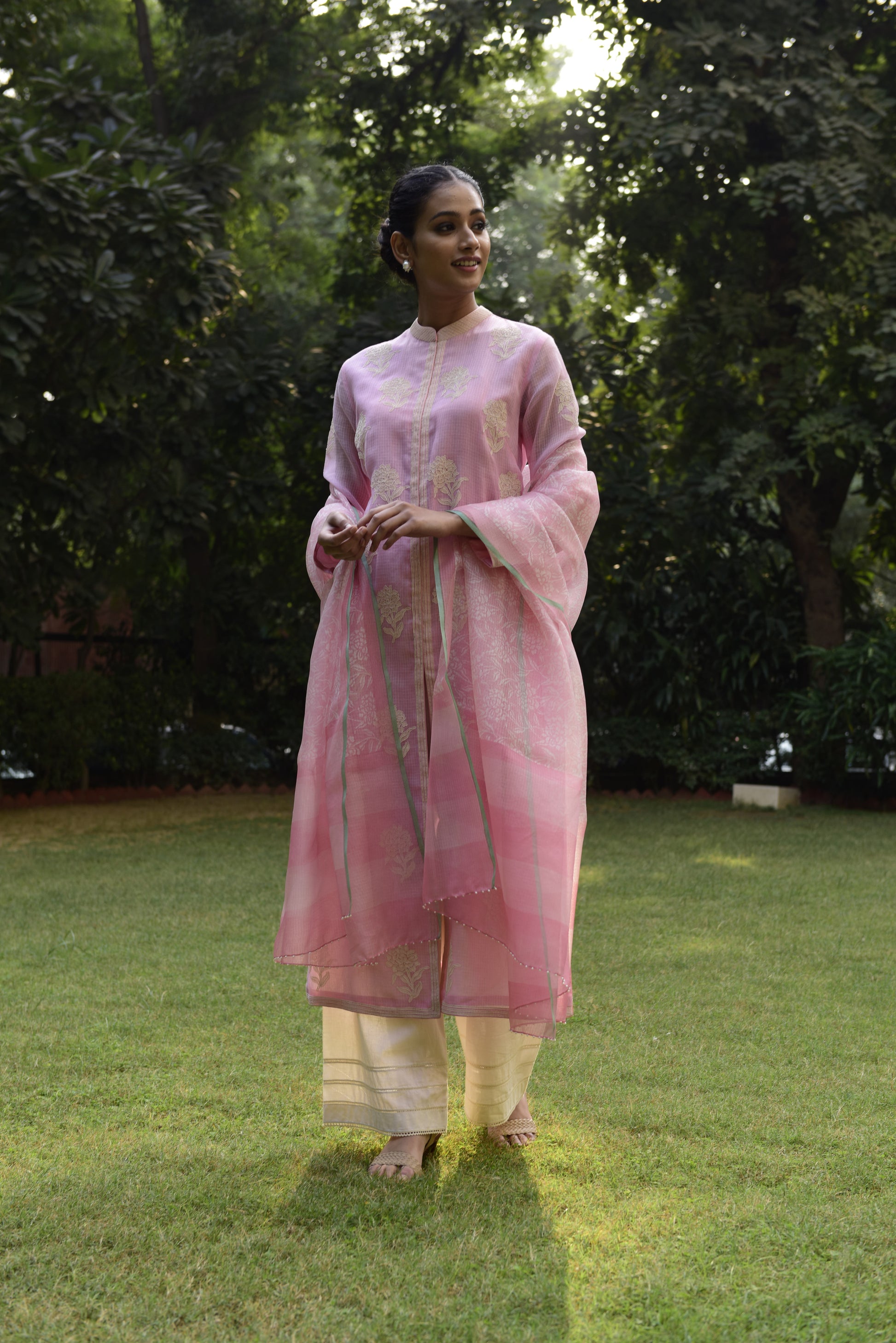 Banarasi Kota Onion Pink Tunic With Off White Khadi Print Rose Buta With Dori Embodeiry Printed Dupatta And Palazzo