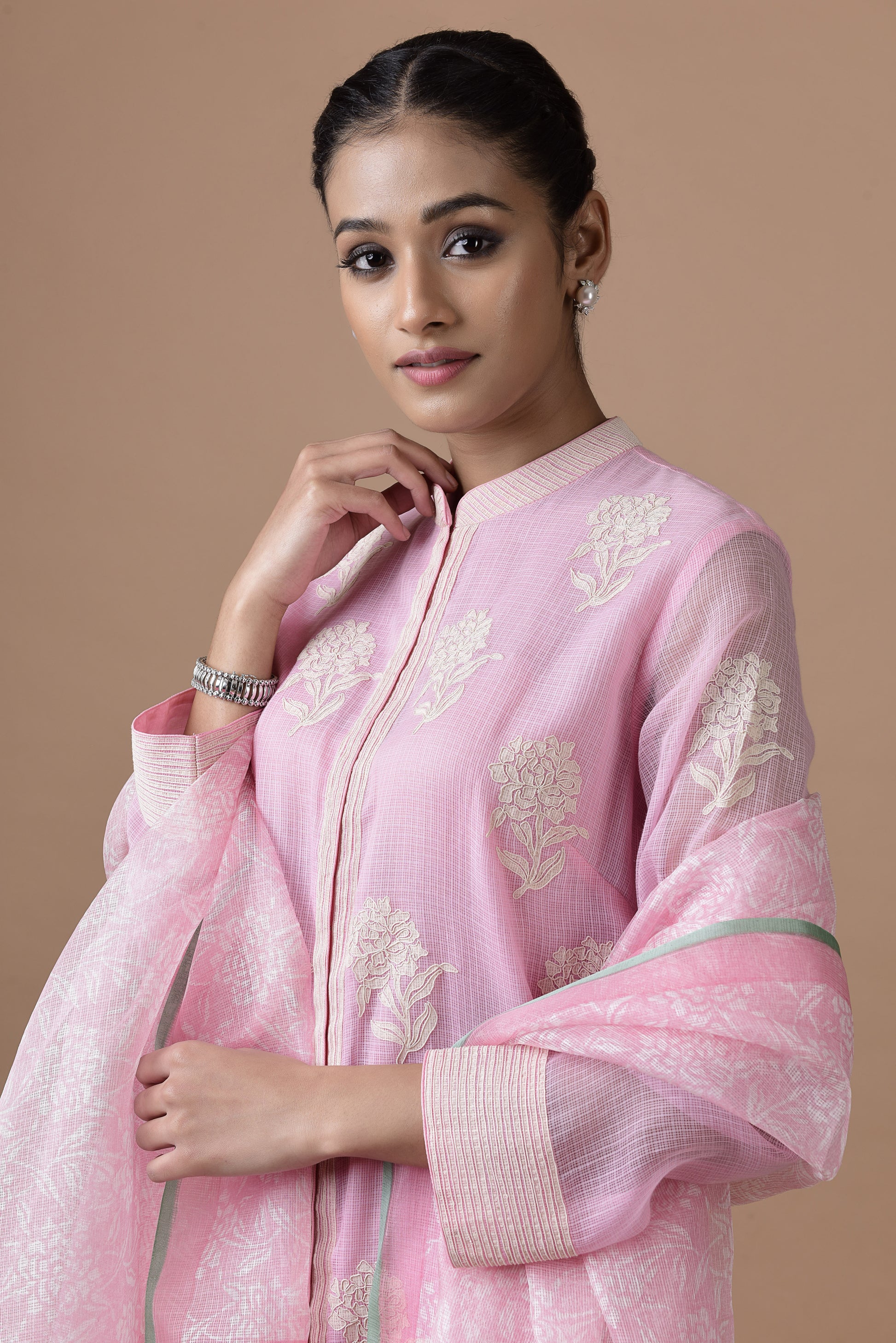 Banarasi Kota Onion Pink Tunic With Off White Khadi Print Rose Buta With Dori Embodeiry Printed Dupatta And Palazzo
