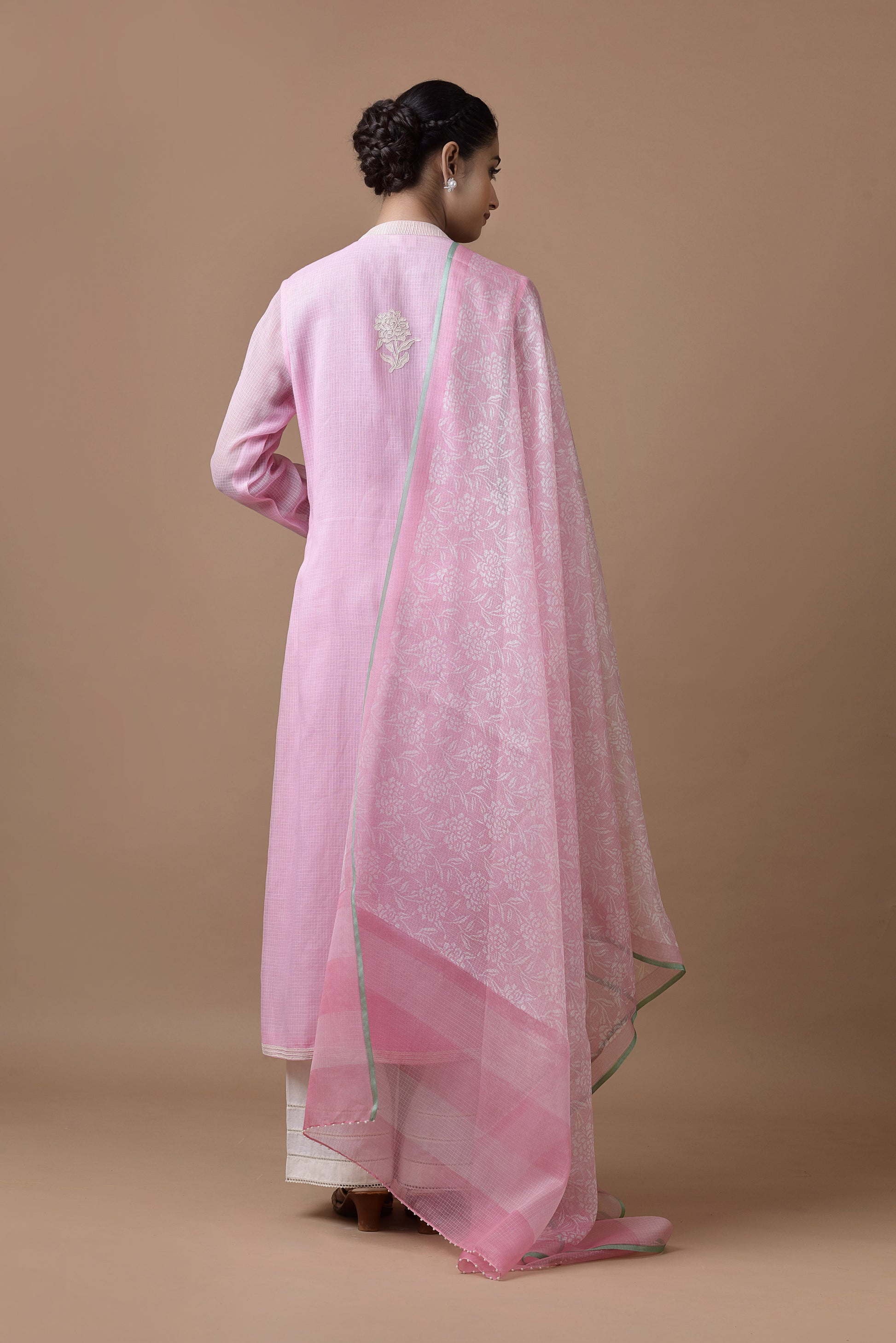 Banarasi Kota Onion Pink Tunic With Off White Khadi Print Rose Buta With Dori Embodeiry Printed Dupatta And Palazzo