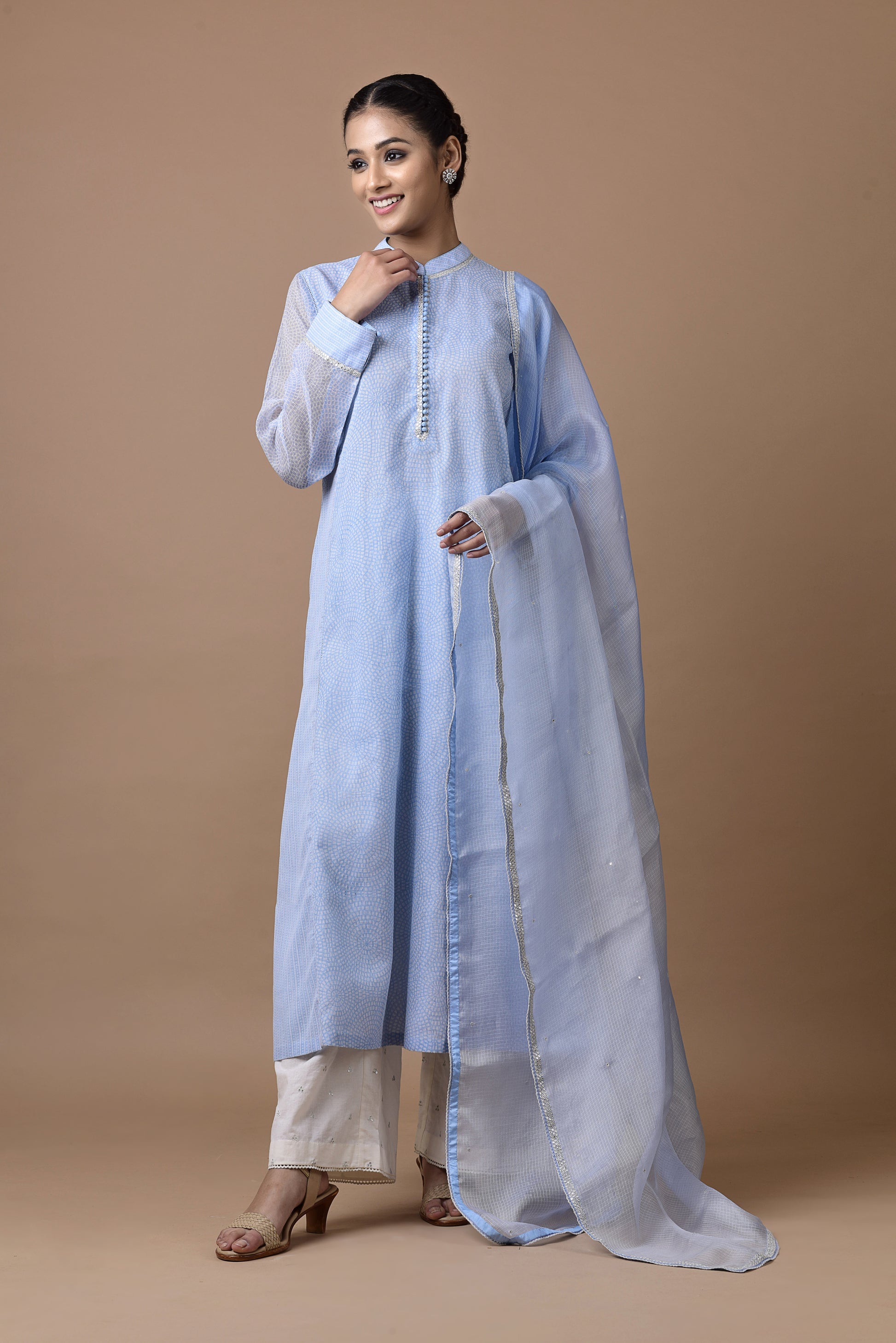 Banarasi Kota Tunic Light Blue Print With Mirror Embroidery Dupatta And Palazzo