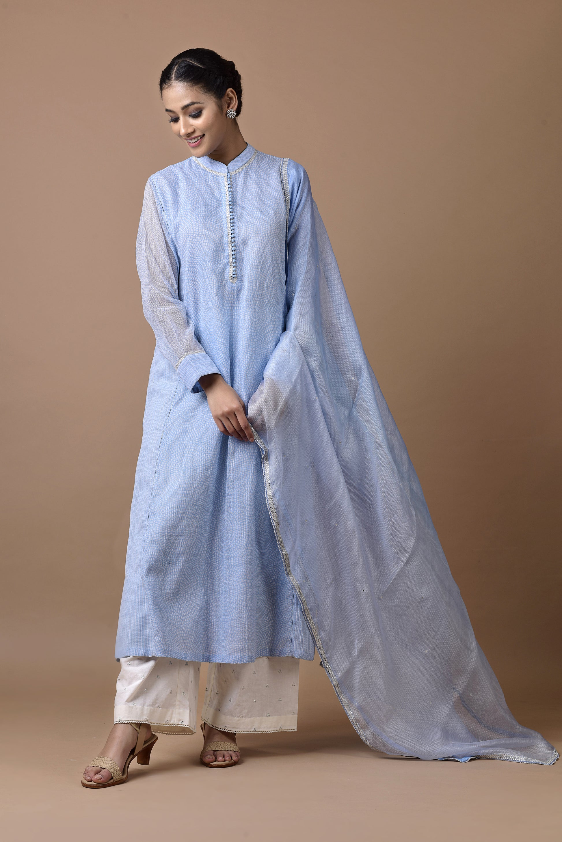 Banarasi Kota Tunic Light Blue Print With Mirror Embroidery Dupatta And Palazzo