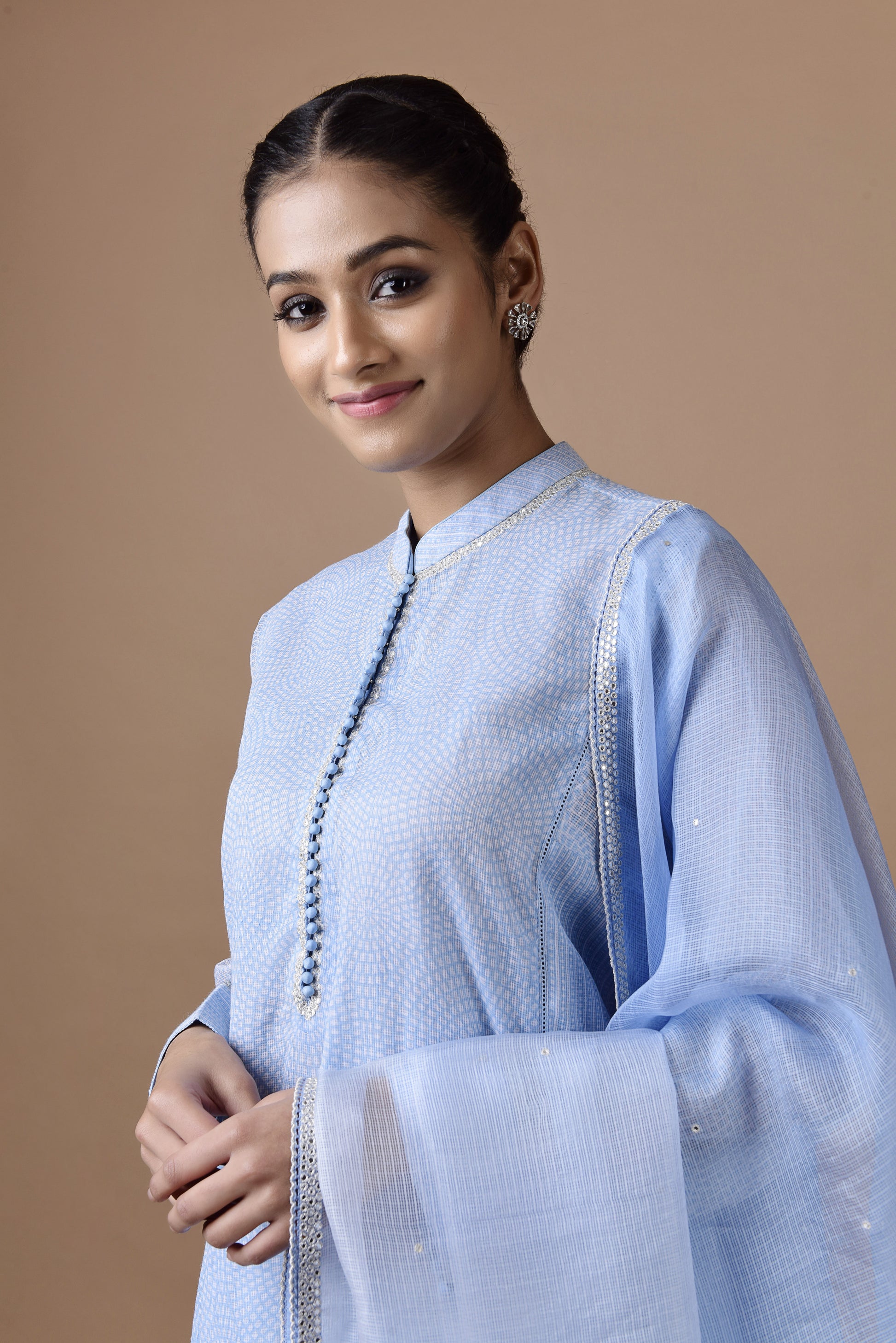 Banarasi Kota Tunic Light Blue Print With Mirror Embroidery Dupatta And Palazzo
